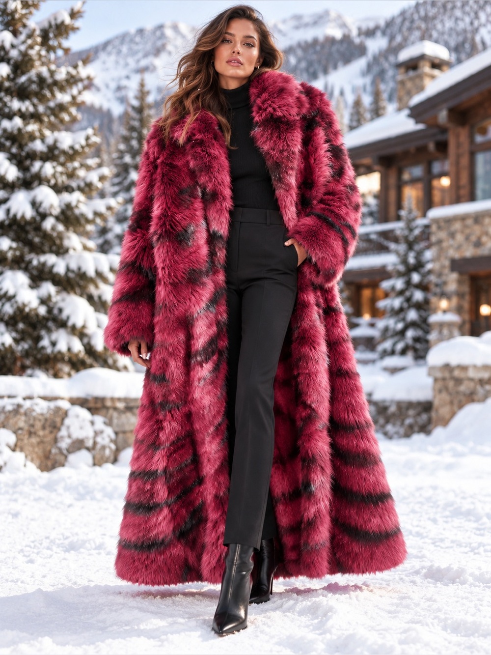 Revillon Rose Pink & Black Statement Mink Fur Coat Longline Plush Collar